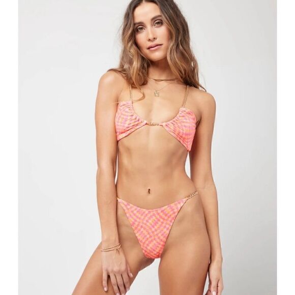 L*Space XS top and M bottom Sammie checkered gold chain bikini - Picture 1 of 8